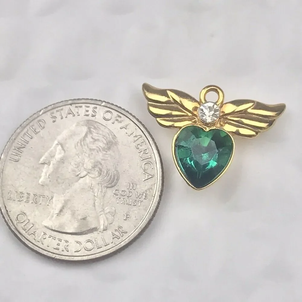 AVON Brooch Pin Small Gold Tone Jeweled Angel Wings Heart Vintage Ethereal